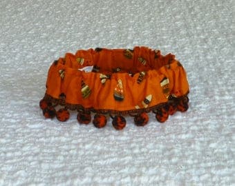 Halloween Dog Collar, Crazy Candy Corn Dog Scrunchie Collar with orange and black pom poms - Size S: 12" to 14" neck