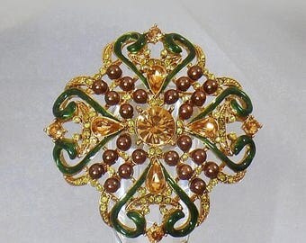 SALE Vintage Ornate Rhinestone Brooch. Enamel Rhinestones Pearls Cluster Pin. Victorian Revival Brooch.
