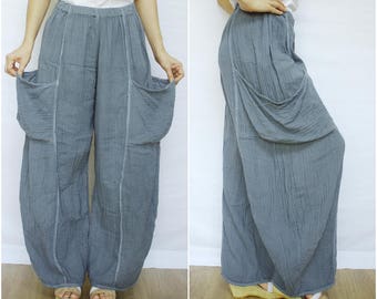 Take Me Home...Blueish Dark Gray Double Gauze Cotton Pants With 2 Roomy Patched Pockets