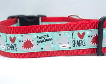 I Love Sharks Dog Collar - 1.5 inch wide - buckle or martingale collar - ocean dog collars - nautical collar - boy dog collar - shark collar
