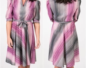 Elbow Sleeve Dress - Midi Dress - Swing Dress - 80s Dress - Knee Length Dress - Stripe Dress - Aline Summer Dress - Puff Sleeve Dress