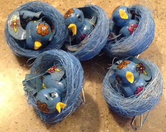 Vintage Christmas Blue Bird Nest Robin Tree Ornament 5 Piece Set