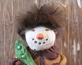 Folk Art RUSSIAN SANTA Snowman, OOAK, handmade from papier mache fur hat, Christmas tree with vintage Christmas bulbs