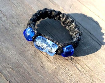 Macrame Hemp Ring with Blue Glass Beads