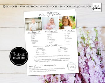 Photography Price List Template // Pricing Guide // Sell Sheet // Photoshop Template INSTANT DOWNLOAD // Photography Pricing Template