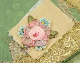 1 Antique silk metal ribbonwork piece ribbon flowers pink rosettes tniy trim ombre new old stock