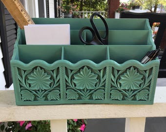 Vintage Plastic Desk Organizer Faux Wood Jade Green
