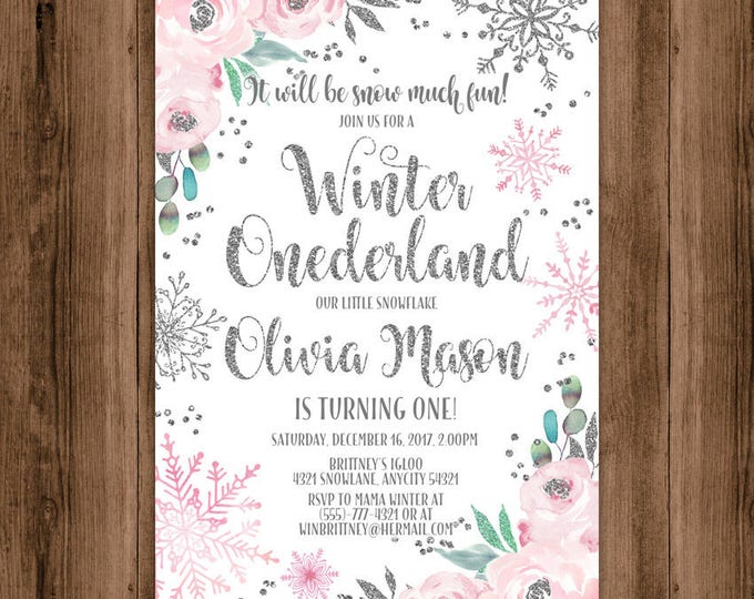 Winter Onederland Birthday Invitation, Pink and Silver Snowflake Floral Winter Onederland Party Printable Invitation