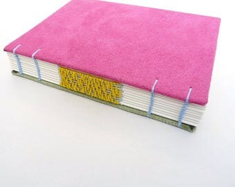 Pink, pastel green, journal, A6, Coptic, woven spine, notebook, faux suede