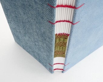 Light blue journal, Coptic, A6, woven spine, notebook, blank book, faux suede, chenille