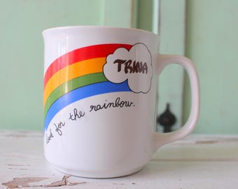 Vintage RAINBOW MUG.....TRINA. coffee. tea. colorful. rainbow. retro housewares. kitsch. 80s housewares. gift. kitchen. drink. gift for her