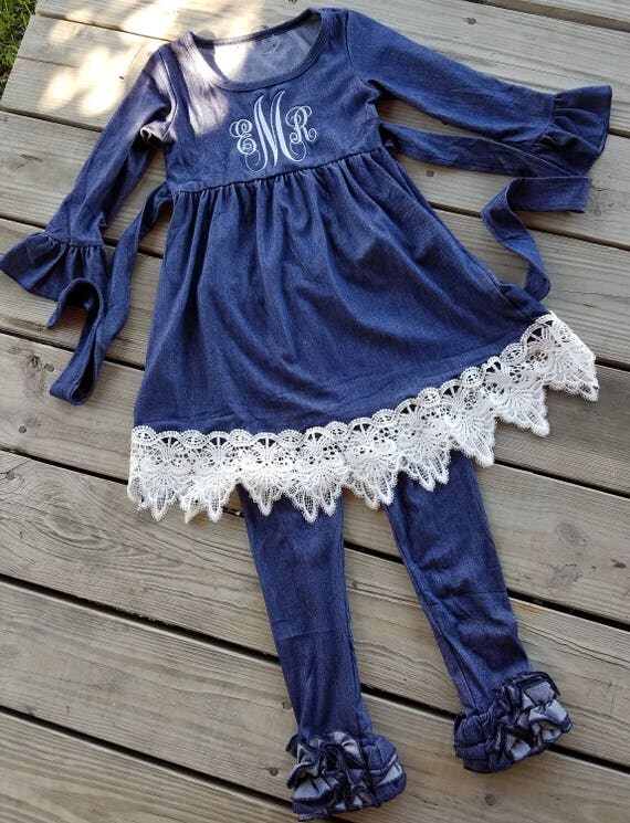 girls monogrammed denim knit lace trim dress
