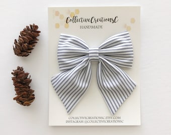 Oversized Sailor Bow - Sailor Bow Clip - Fabric Bow Clip - Big Sailor Bow - Girls Bow Clip - Hair Bow - Hair Accessories - Gray White Stripe