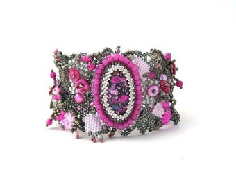 Women's bracelet boho beaded bracelet cuff pink grey beadweaving seed bead bracelet beaded jewelry Summer gift for her