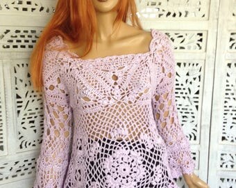 top handmade crochet pale lilac dream loose asymmetrical romantic bell sleeves off shoulders festival gift idea for her by golden yarn