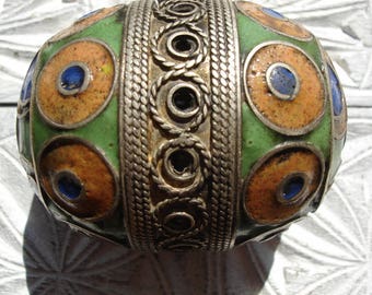 Enamel Moroccan medium tarnished focal bead with green ends
