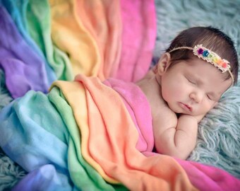 SALE- Rainbow baby, Newborn Headband, Tieback headband, Newborn photo prop, Newborn halo, Baby headband, baby photo prop
