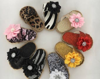 18 inch doll sandals made of vinyle and embellished with satin flowers, made to fit 18 inch dolls such as American Girl dolls and others