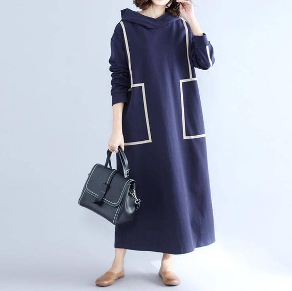Autumn and Spring wear Long dress cotton Loose Hooded Blue