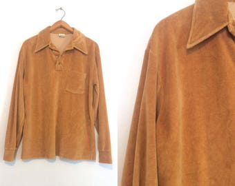 Vintage 70s Brown Velour Shirt / Tan Velvet Pullover / Velour Sweater / XL