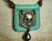 Skull and Bones, Leather, BRONZE & PEARL Necklace