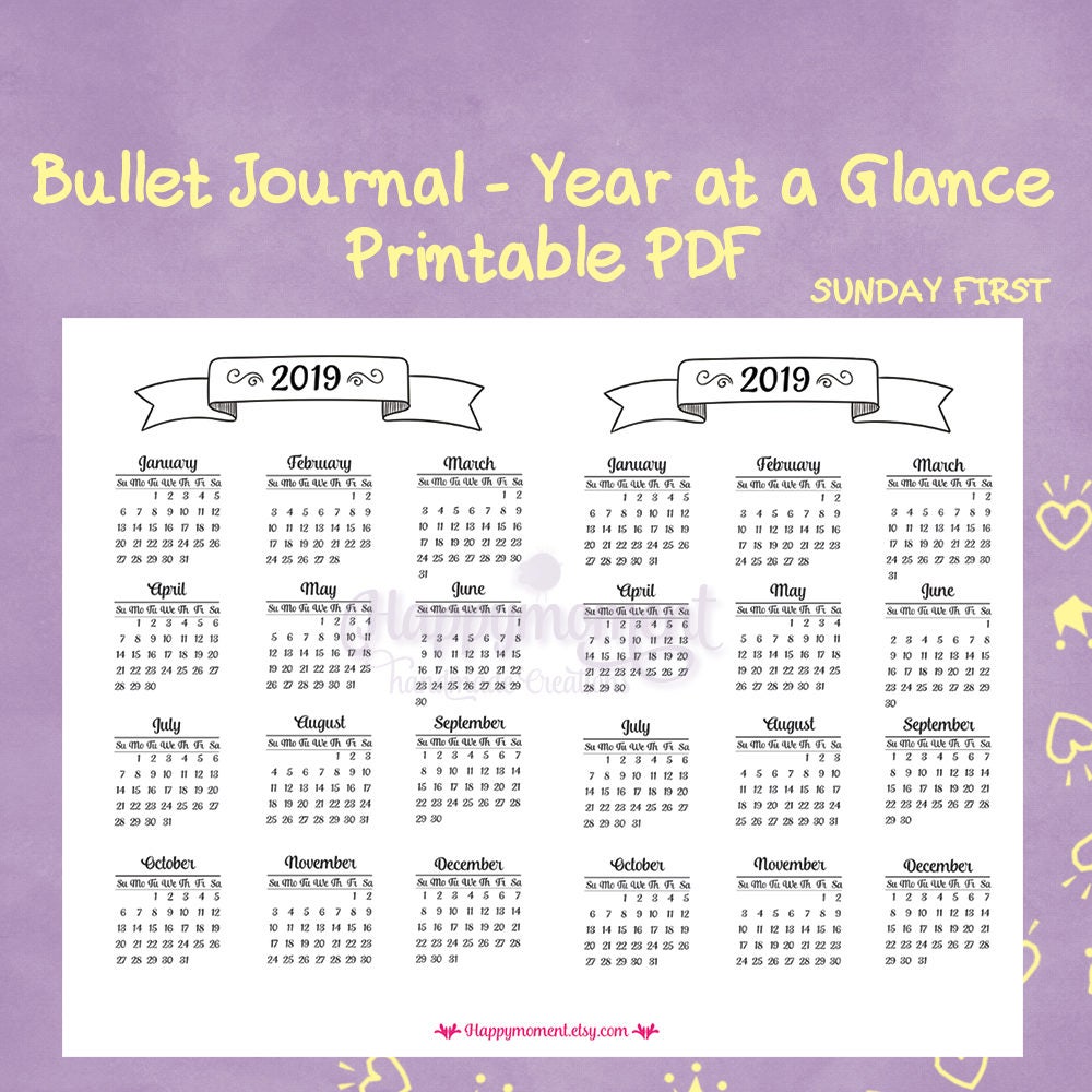 Bullet Journaling 2019 Year At A Glance Calendar Printable