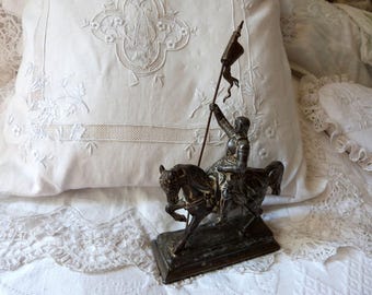 Antique French Jeanne d Arc st Joan of Arc statue sculpture 1900s signed religious statue saint figure figurine on horse w banner w sword