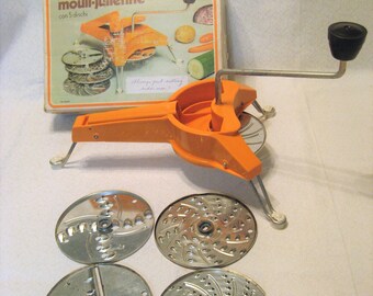 Mouli Julienne Plastic and Stainless Steel Rotary Grater, Slicer, Shredder Vintage 1970s in Original Box, Salad Maker Made in France