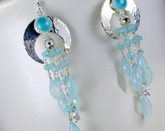 Moon Earrings,Celestial Earrings,Aqua Chalcedony and Sterling Silver Crescents,Statement Earrings,Aqua Earrings,Paraiba Blue Chalcedony