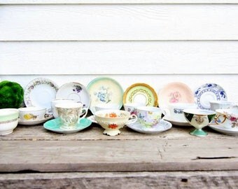 12 Sets - Collection of China - Tea Cups, Saucers, Ceramic Cups & Plates - 24 Piece Set- 12 Cups, 12 Plates -Tea Party - Alice in Wonderland
