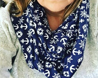 Jersey Scarf, Jersey Infinity Scarf, Navy Scarf, Nautical Jersey Scarf, gift for her, Anchor Scarf, Seaside, Navy Blue, Stripes