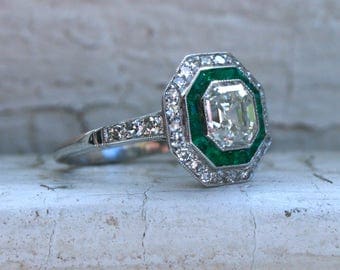 RESERVED - Vintage Halo Platinum Asscher Cut Diamond and Emerald Ring Engagement Ring - 2.47ct.