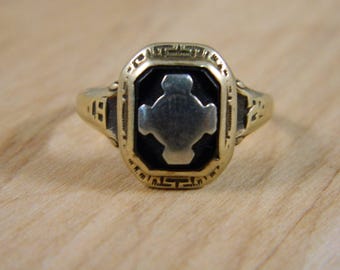 Vintage Class Ring / 14k Yellow & White Gold Ring / 1924 Onyx Ring / Yellow Gold Ring / 1920s Ring / Flapper Ring / Class Ring Size 8