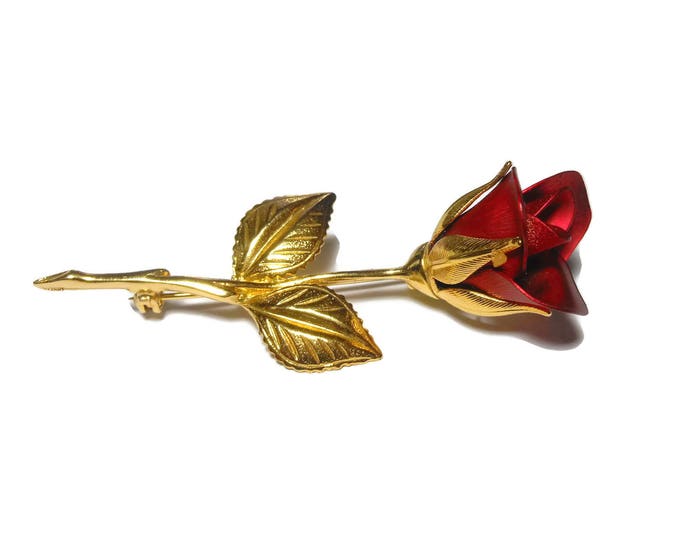 Giovanni red rose brooch, deep red enameled textured rose, intricately textured, beautiful piece, brushed gold tone, stem and leaves.