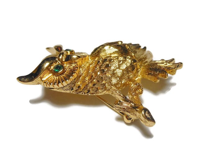 Monet owl brooch, pin brooch gold tone with green rhinestone eyes, wonderful detail, owl on branch, bird pin