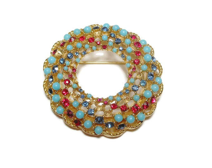 FREE SHIPPING Sarah Coventry circle pin, 'Song of India' 1965, red and blue rhinestones, turquoise colored beads, wreath brooch, gold plated
