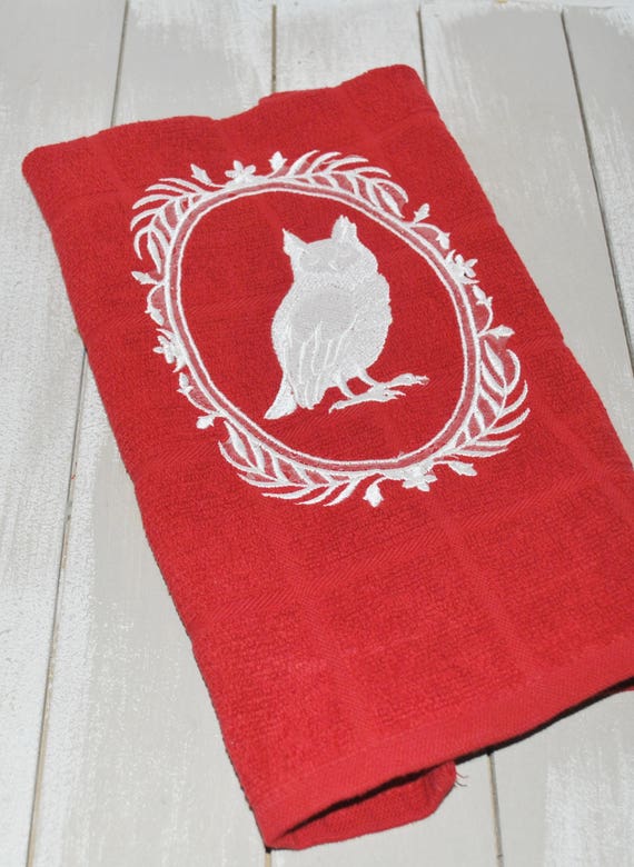 Items similar to Red Kitchen Towel White Embroidery Owl with Fancy