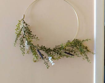 Minimalist decor. Gold hoop wreath with greens, white flowers and lavender. Simple wall hanging. Boho floral hoop wreath. Simple decor.