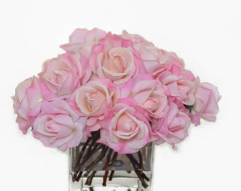 Large Real Touch Pink Rose Arrangement with Square Glass Vase Artificial Flowers Faux Arrangement for Home Decor Centerpiece