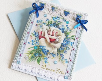 Carte Voeux Bonne Fête Vintage et Romantique - Rococo à Souhaits - Bouquet de Roses et Myosotis - Création d'artiste en pièce unique
