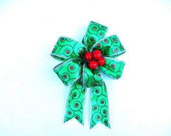 Red berry Christmas bow, Holiday decoration, Gift wrap accessory, Christmas tree bow, Holiday accent, Christmas decor, Green berry gift bow