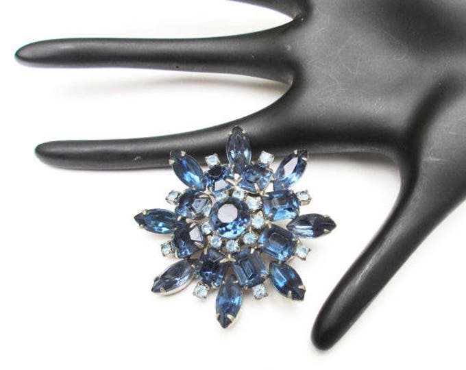 Blue Rhinestone Flower Brooch - Mid Century - silver metal - blue crystal - 2 1/4 inch - Atomic Pin