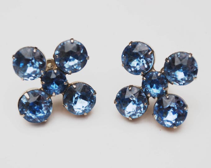 Blue Rhinestone EArrings - Light bluish glass crystal - silver - flower floral - Wedding bride -screw back earrings