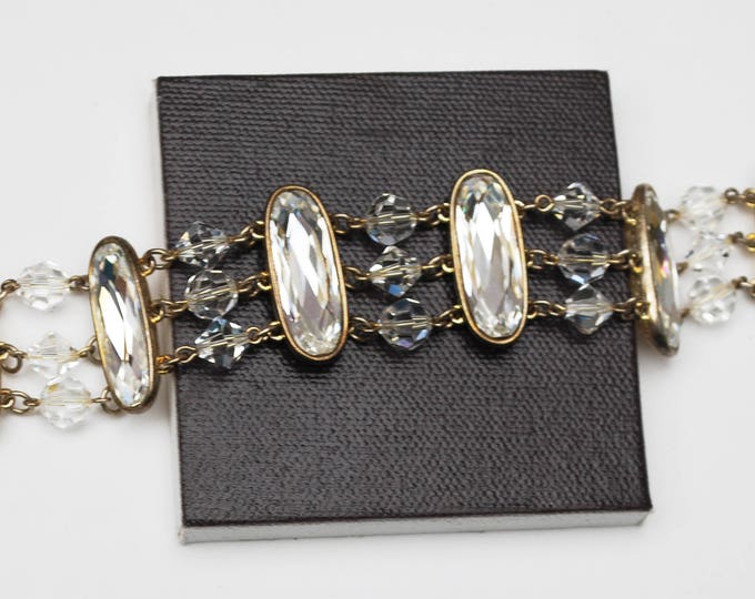 Wide Crystal Bracelet - facet cut oval crystals -gold tone setting - glass beads Vintage - wedding bride