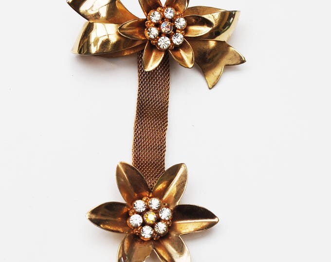 Gold Flower Dangle Brooch - Gold Mesh - AB Rhinestone - Ribbon -Mid Century floral Pin