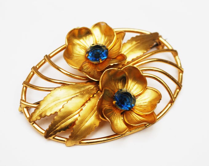 Blue Rhinestone Flower Brooch - Oval - Gold repousse Leaf - Floral flower pin