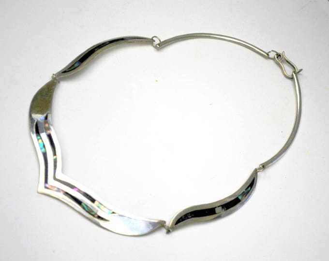 Abalone Silver Collar Necklace - Shell Inlay -Alpaca silver collar necklace - Mexico boho style