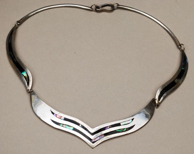 Abalone Silver Collar Necklace - Shell Inlay -Alpaca silver collar necklace - Mexico boho style