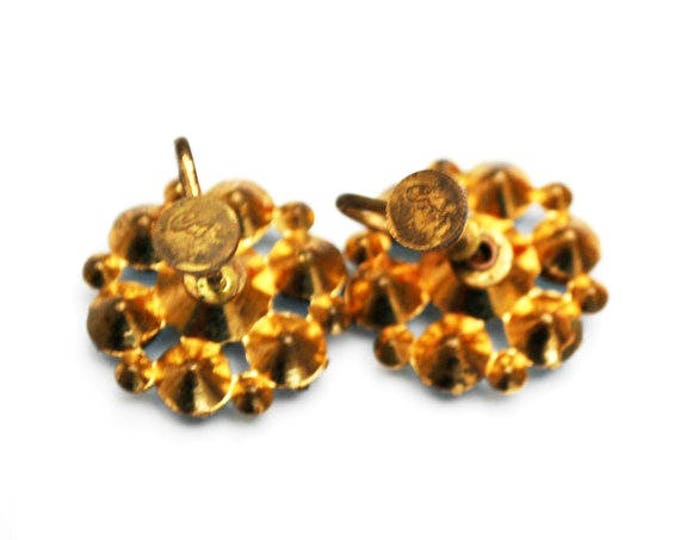 Rhinestone Coro Earrings - Blue Flower - mid century - screw back Earring - Gold plated metal