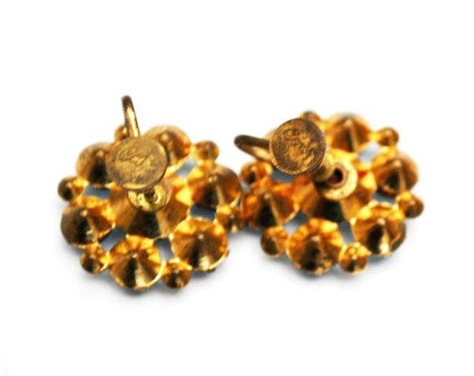 Rhinestone Coro Earrings - Blue Flower - mid century - screw back Earring - Gold plated metal